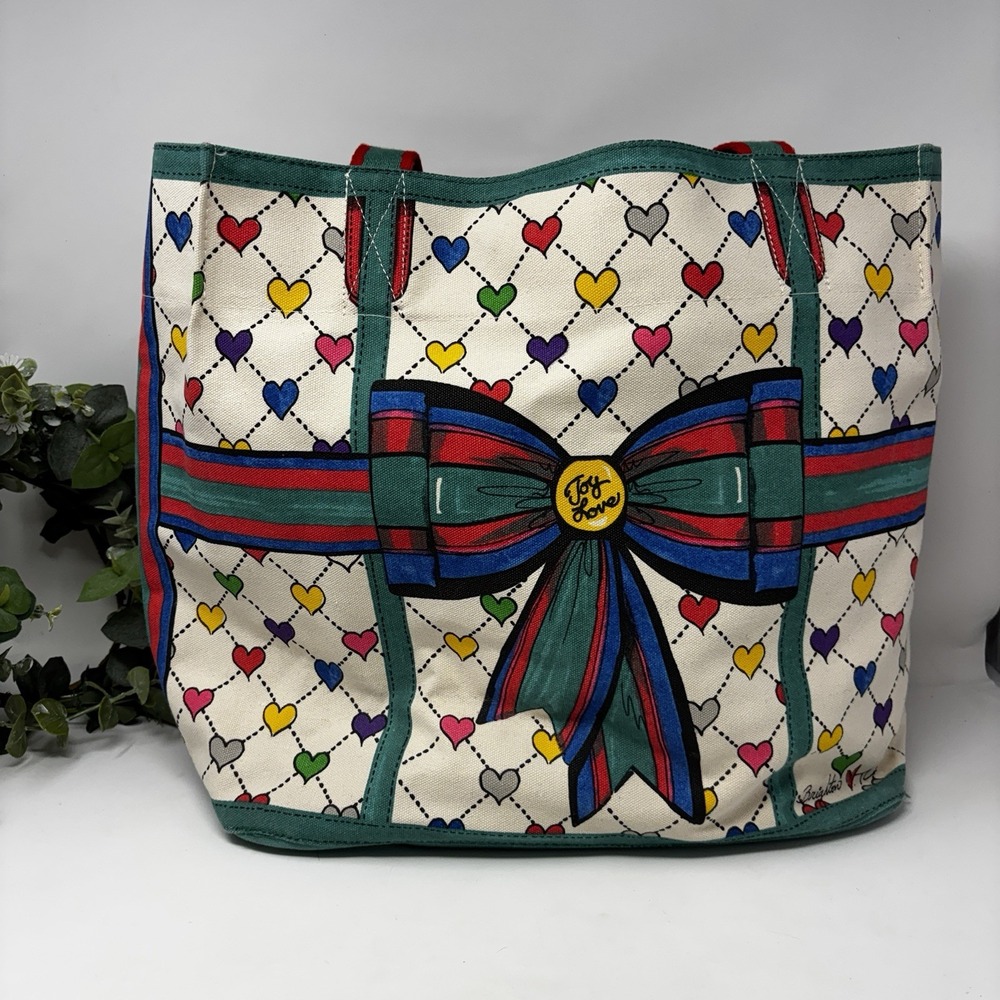 Brighton Love & Joy Canvas Tote Large Multicolor Hearts Bow Holiday Tom Clancy